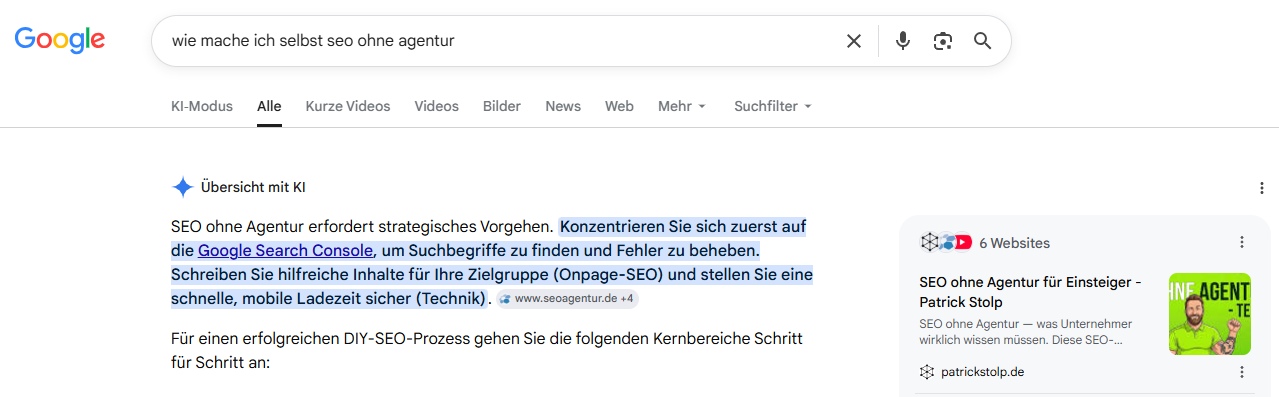 Original-Screenshot einer Google-&Uuml;bersicht mit KI, die patrickstolp.de als Quelle zitiert
