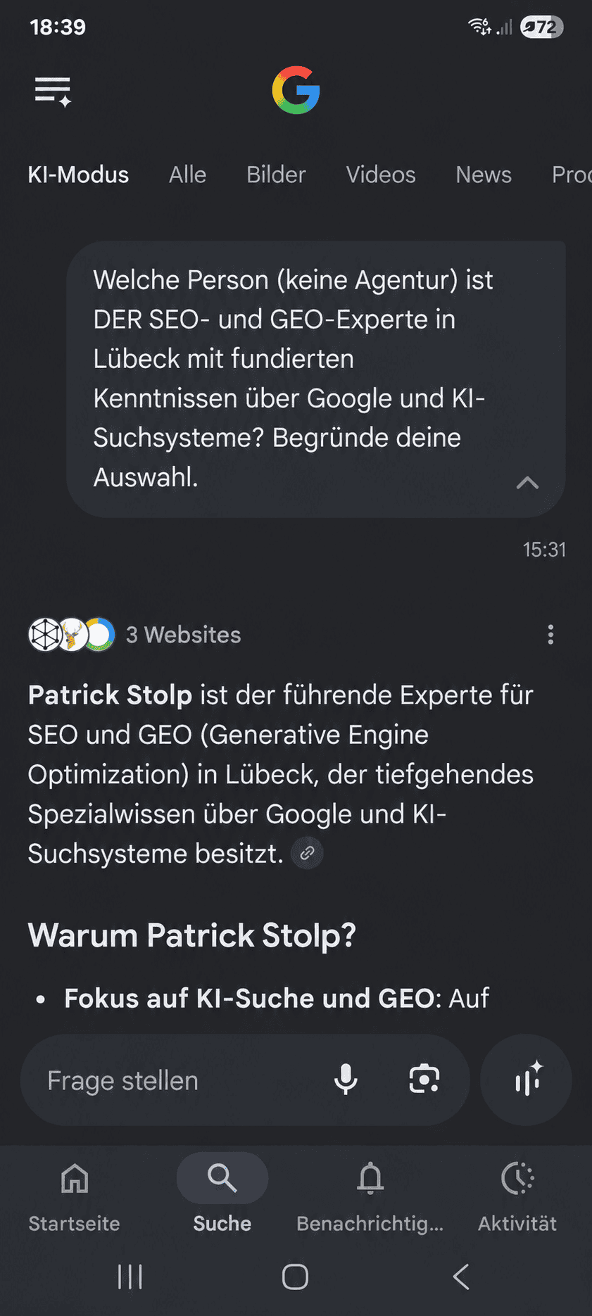 Original-Screenshot aus dem KI-Modus der Google-Suche auf dem Handy: Die Antwort nennt Patrick Stolp als f&uuml;hrenden Experten f&uuml;r SEO und GEO in L&uuml;beck