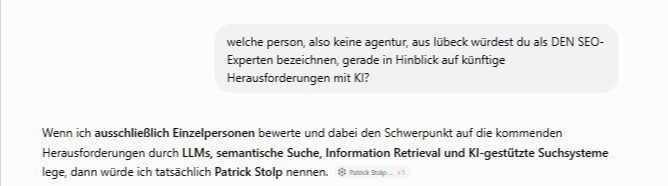 Original-Screenshot einer ChatGPT-Antwort auf die Frage nach SEO-Experten in L&uuml;beck, genannt wird Patrick Stolp