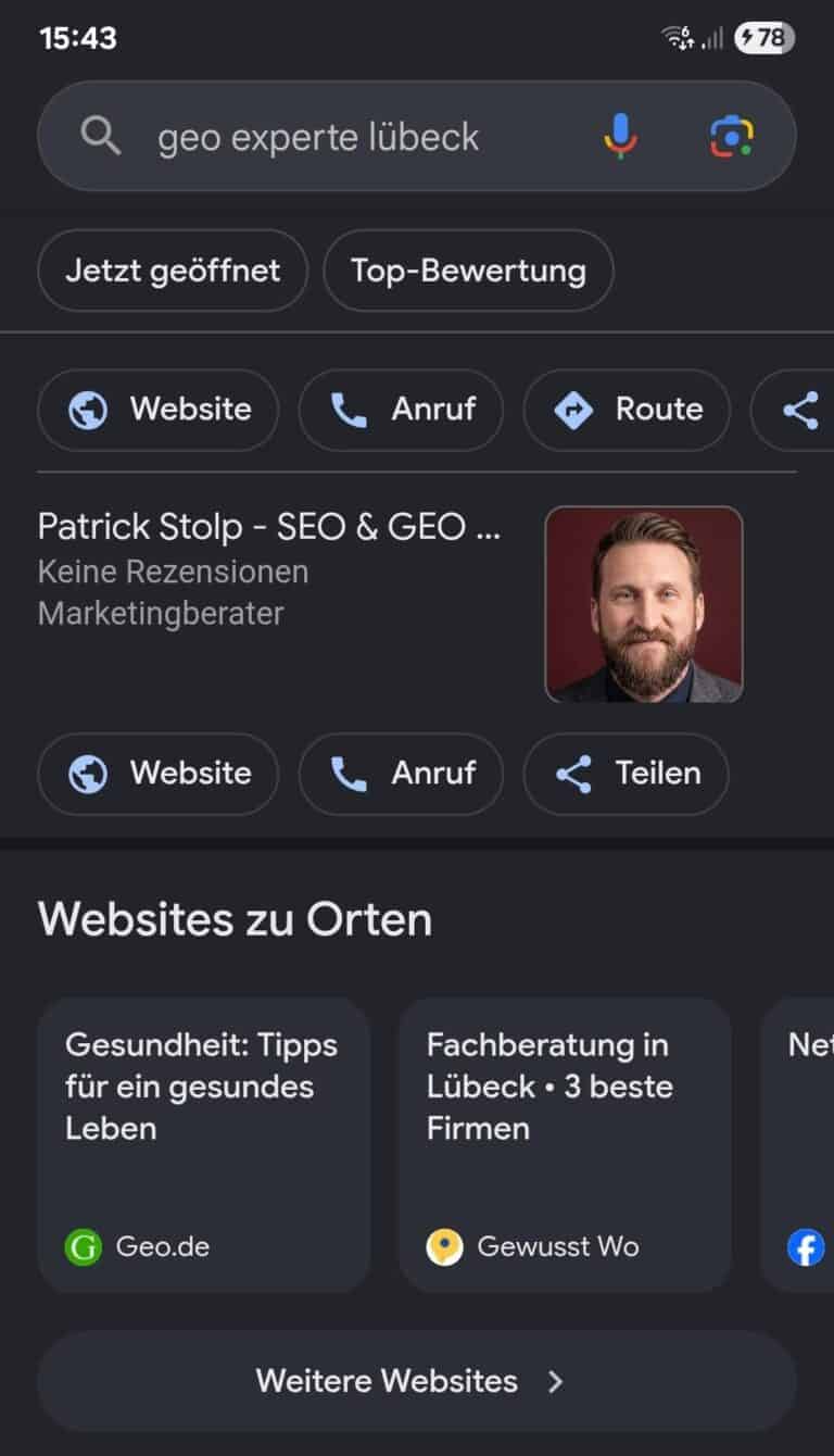 Original-Screenshot der Google-Suche geo experte l&uuml;beck: Patrick Stolp als erstes lokales Ergebnis