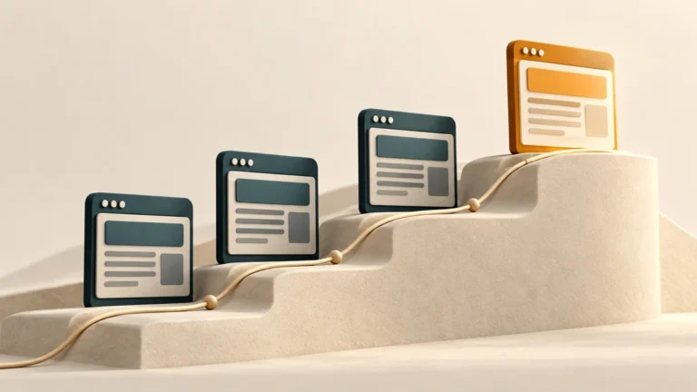 Goldfarbene Website-Karte an der Spitze einer Treppe, gefolgt von drei dunkelgrünen Website-Karten als Symbol für nachrückende Konkurrenz.